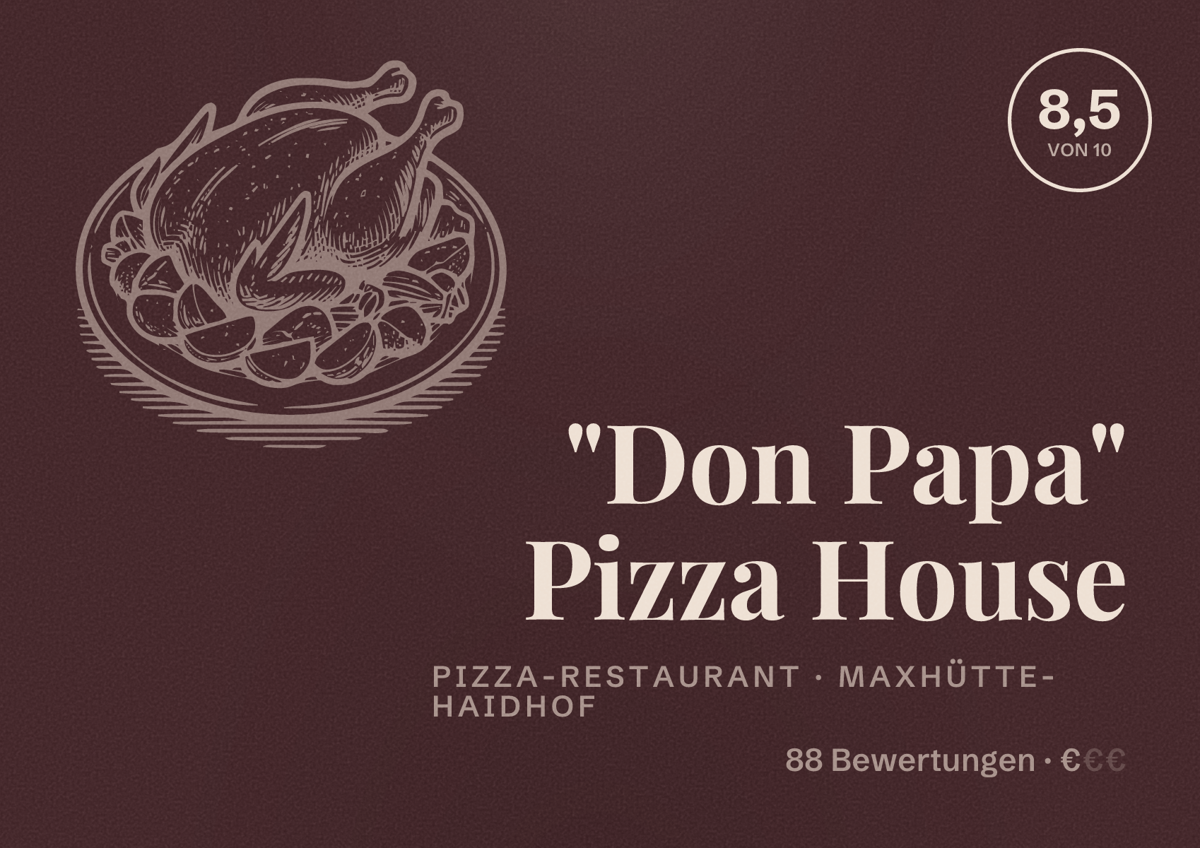 Illustriertes Poster von "Don Papa" Pizza House, Pizza-Restaurant in Maxhütte-Haidhof: Bewertung 8,5 von 10 aus 88 Bewertungen, Preisniveau €