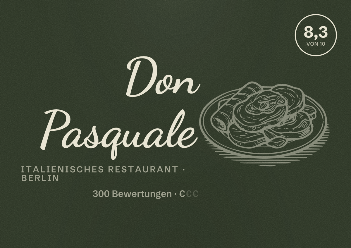 Illustriertes Poster von Don Pasquale, Italienisches Restaurant in Berlin: Bewertung 8,3 von 10 aus 300 Bewertungen, Preisniveau €