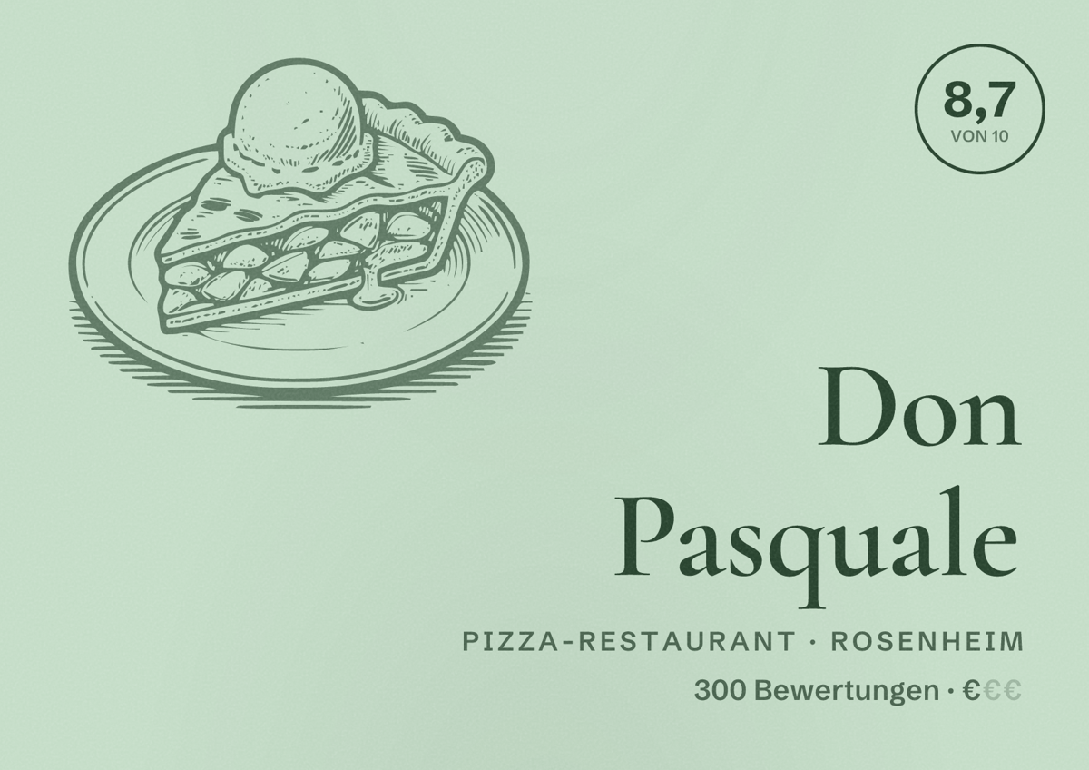 Illustriertes Poster von Don Pasquale, Pizza-Restaurant in Rosenheim: Bewertung 8,7 von 10 aus 300 Bewertungen, Preisniveau €