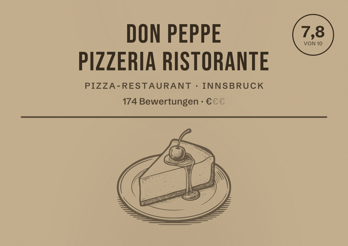 Illustriertes Poster von Don Peppe pizzeria Ristorante, Pizza-Restaurant in Innsbruck: Bewertung 7,8 von 10 aus 174 Bewertungen, Preisniveau €