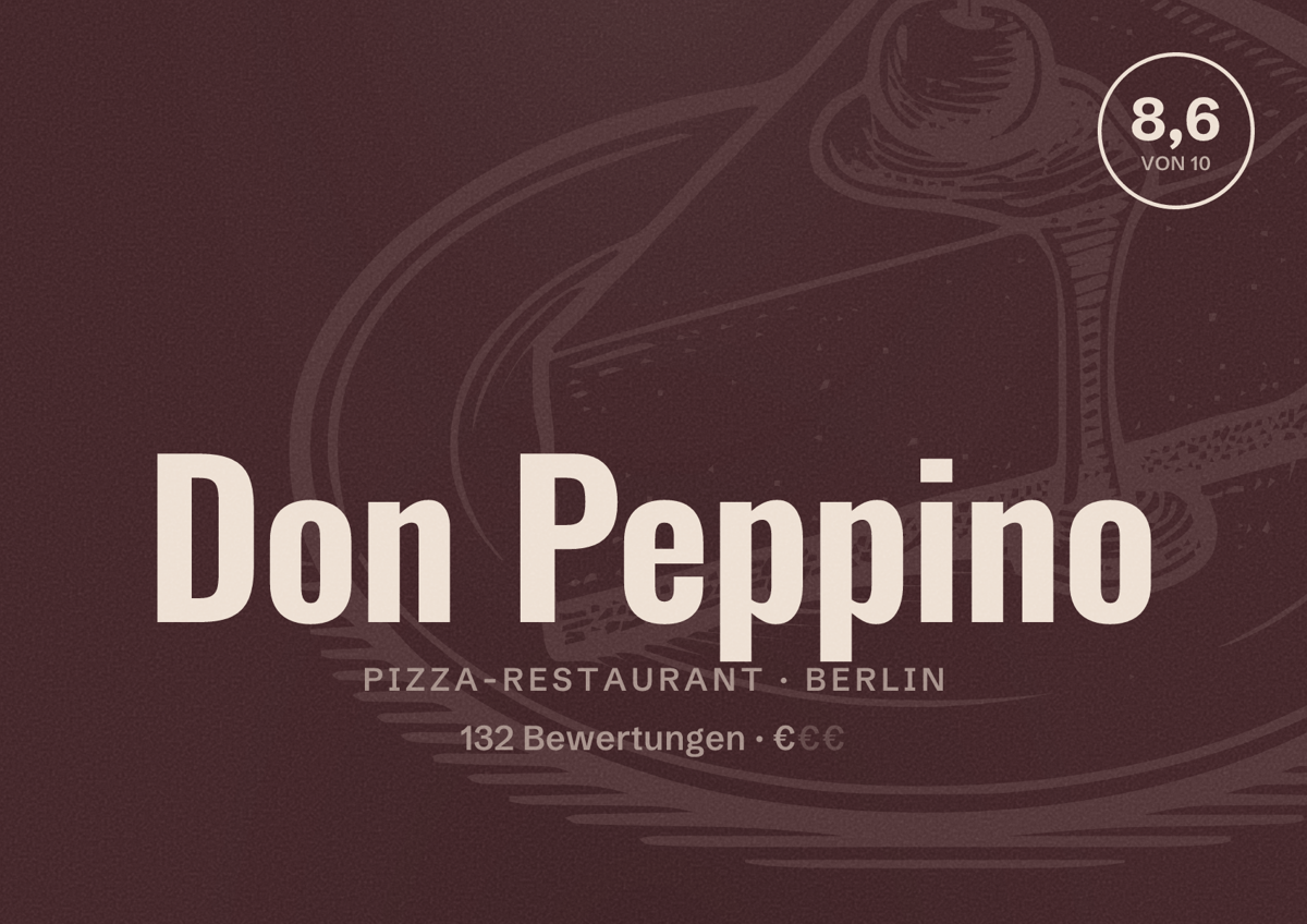 Illustriertes Poster von Don Peppino, Pizza-Restaurant in Berlin: Bewertung 8,6 von 10 aus 132 Bewertungen, Preisniveau €