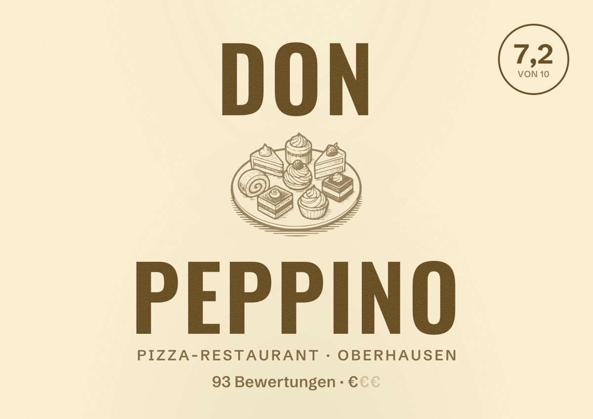 Illustriertes Poster von Don Peppino, Pizza-Restaurant in Oberhausen: Bewertung 7,2 von 10 aus 93 Bewertungen, Preisniveau €