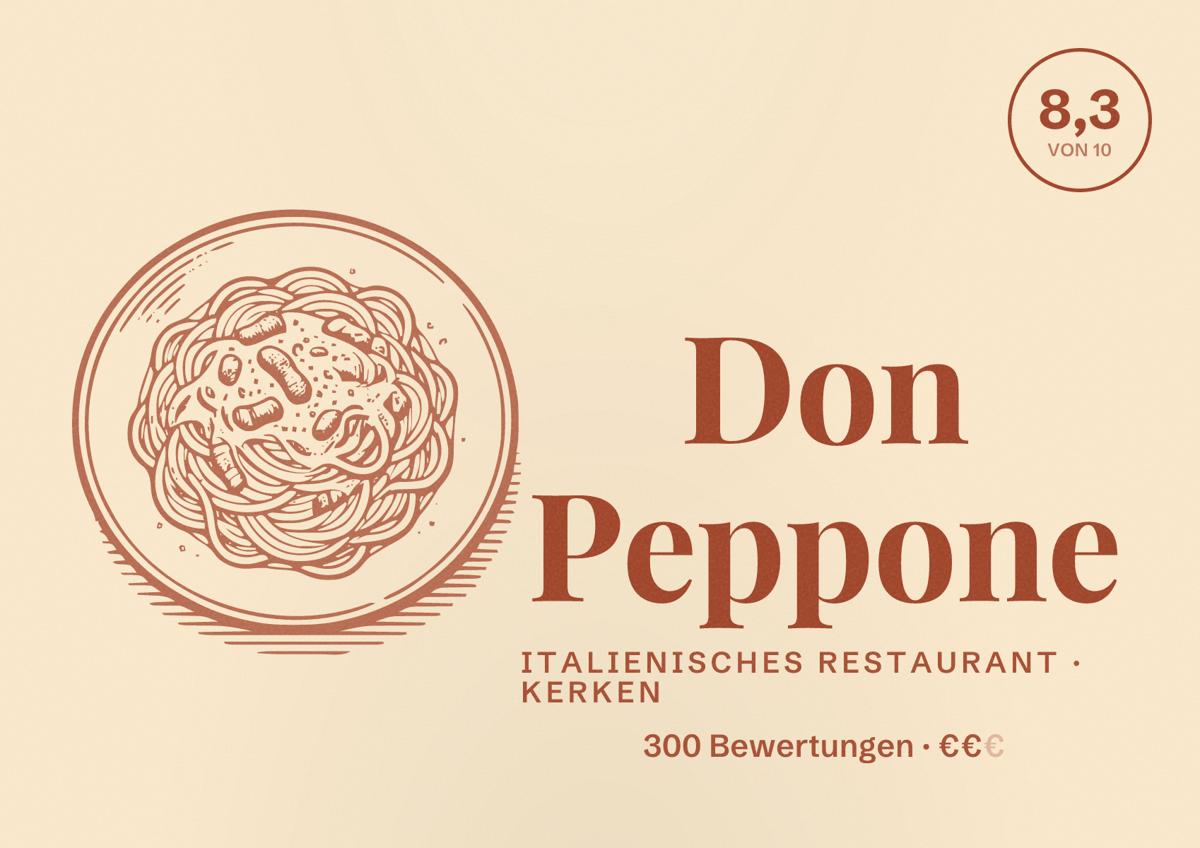 Illustriertes Poster von Don Peppone, Italienisches Restaurant in Kerken: Bewertung 8,3 von 10 aus 300 Bewertungen, Preisniveau €€