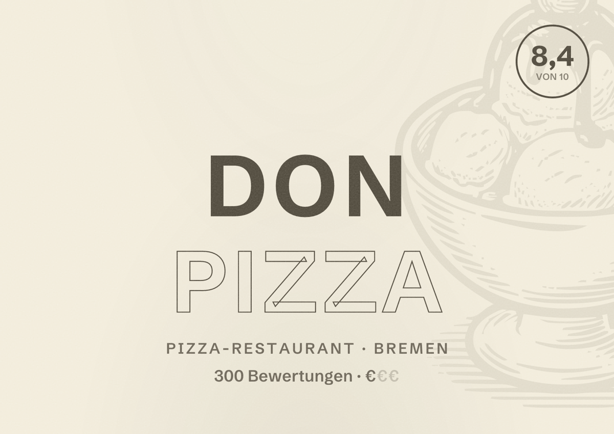 Illustriertes Poster von Don Pizza, Pizza-Restaurant in Bremen: Bewertung 8,4 von 10 aus 300 Bewertungen, Preisniveau €