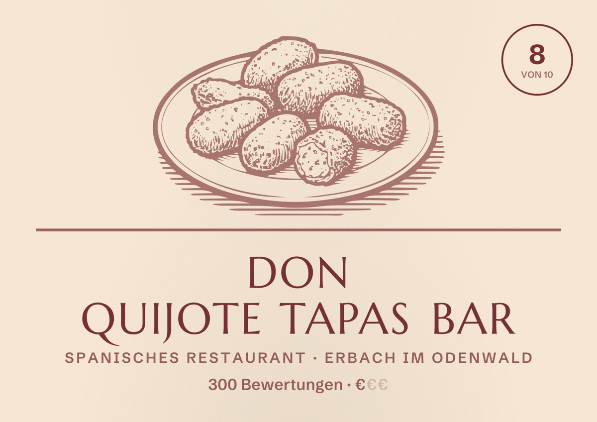 Illustriertes Poster von Don Quijote Tapas Bar, Spanisches Restaurant in Erbach im Odenwald: Bewertung 8 von 10 aus 300 Bewertungen, Preisniveau €