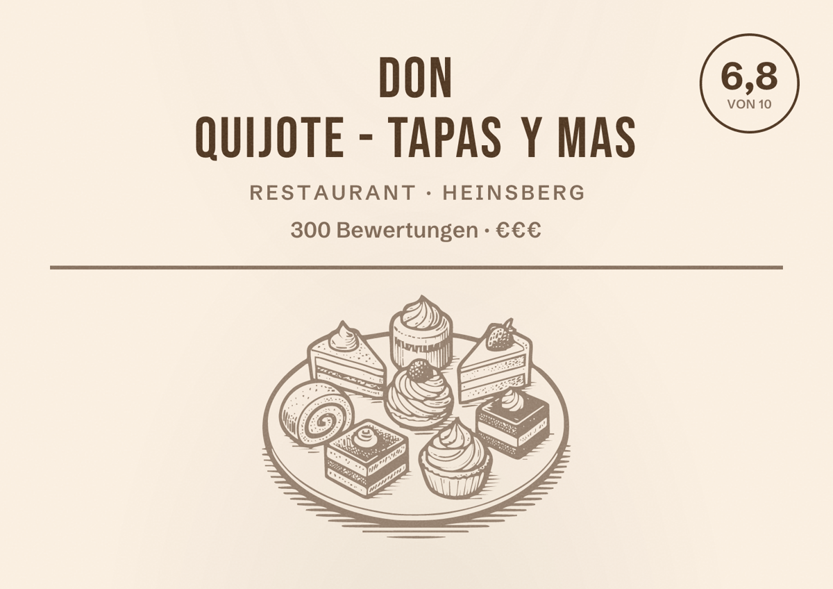 Illustriertes Poster von Don Quijote - Tapas y mas, Restaurant in Heinsberg: Bewertung 6,8 von 10 aus 300 Bewertungen, Preisniveau €€€