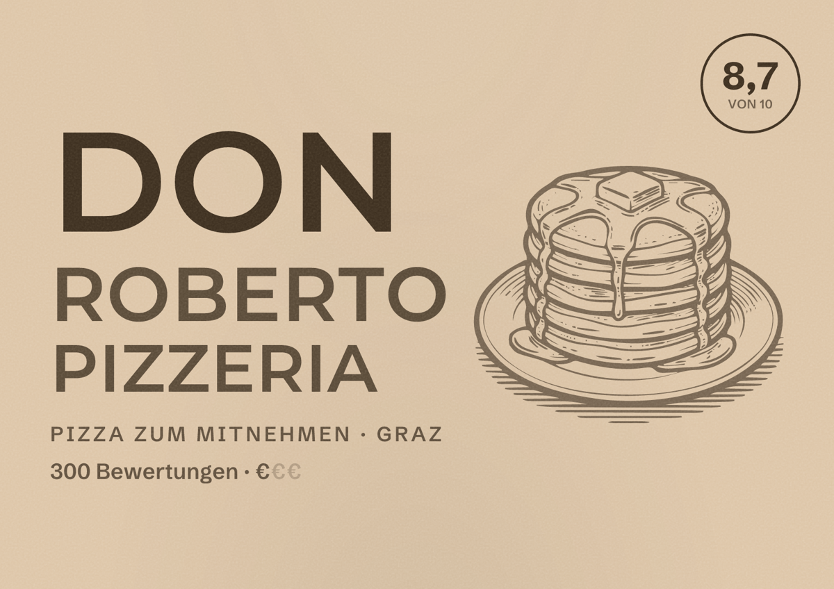 Illustriertes Poster von Don Roberto Pizzeria, Pizza zum Mitnehmen in Graz: Bewertung 8,7 von 10 aus 300 Bewertungen, Preisniveau €