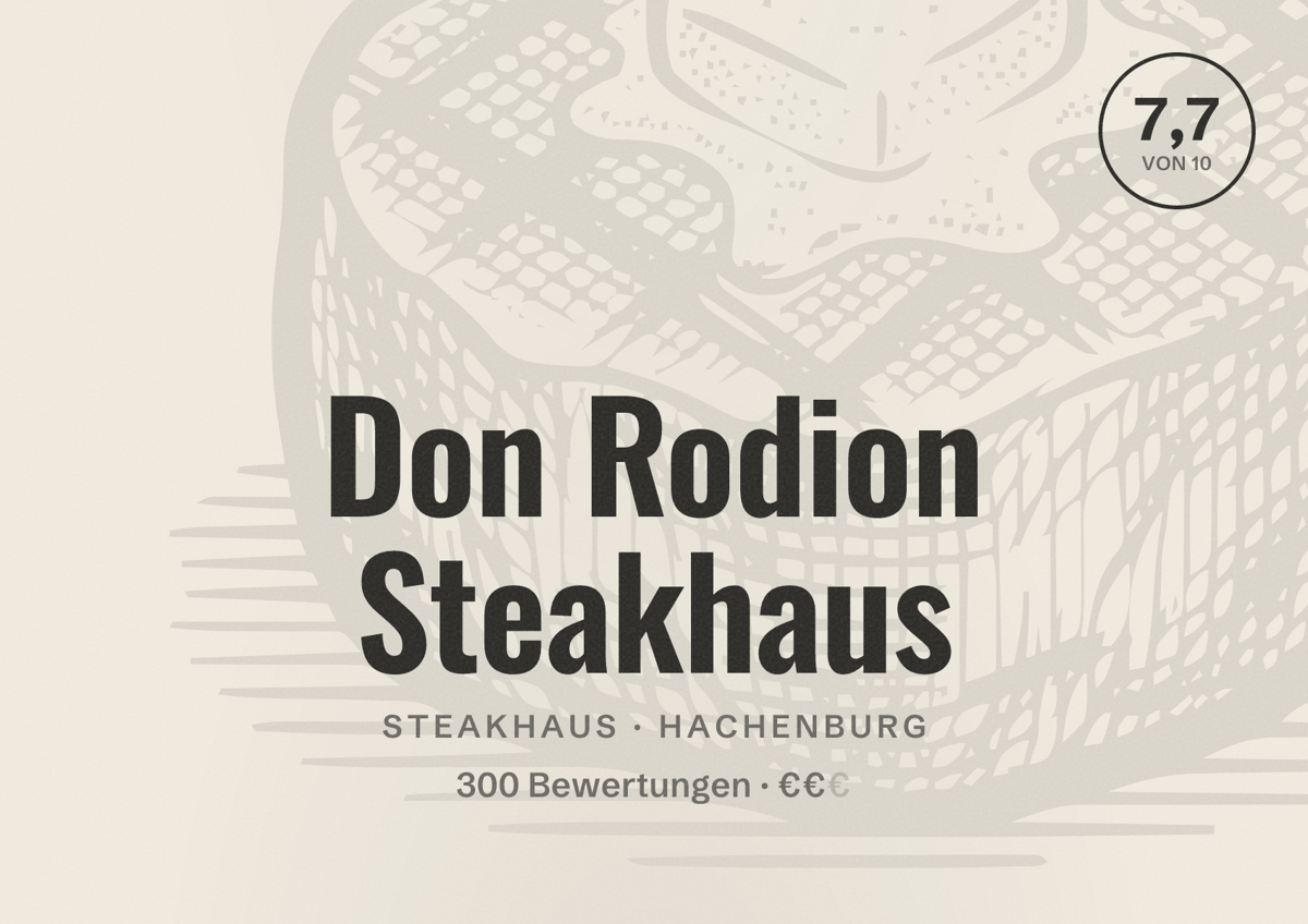Illustriertes Poster von Don Rodion Steakhaus, Steakhaus in Hachenburg: Bewertung 7,7 von 10 aus 300 Bewertungen, Preisniveau €€