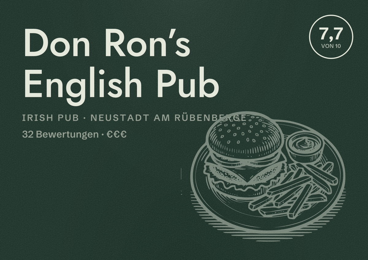 Illustriertes Poster von Don Ron’s English Pub, Irish Pub in Neustadt am Rübenberge: Bewertung 7,7 von 10 aus 32 Bewertungen, Preisniveau €€€