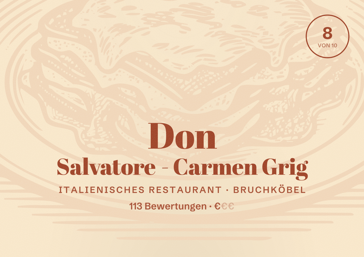 Illustriertes Poster von Don Salvatore - Carmen Grig, Italienisches Restaurant in Bruchköbel: Bewertung 8 von 10 aus 113 Bewertungen, Preisniveau €
