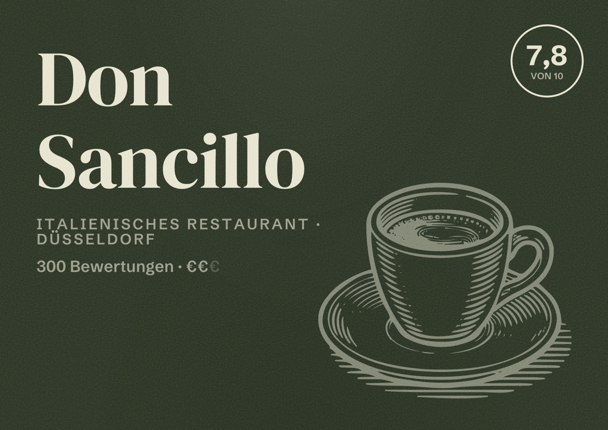 Illustriertes Poster von Don Sancillo, Italienisches Restaurant in Düsseldorf: Bewertung 7,8 von 10 aus 300 Bewertungen, Preisniveau €€