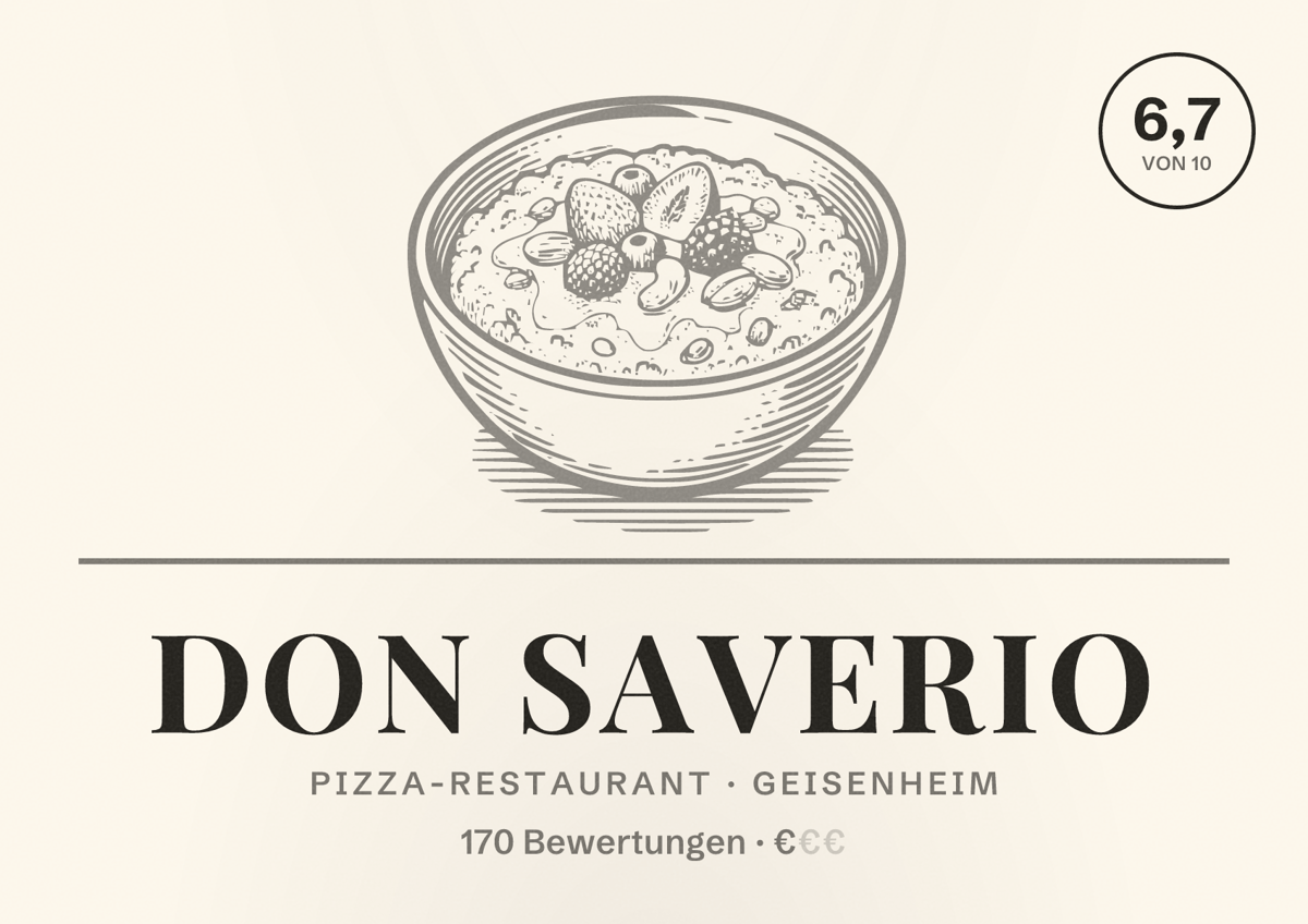 Illustriertes Poster von Don Saverio, Pizza-Restaurant in Geisenheim: Bewertung 6,7 von 10 aus 170 Bewertungen, Preisniveau €