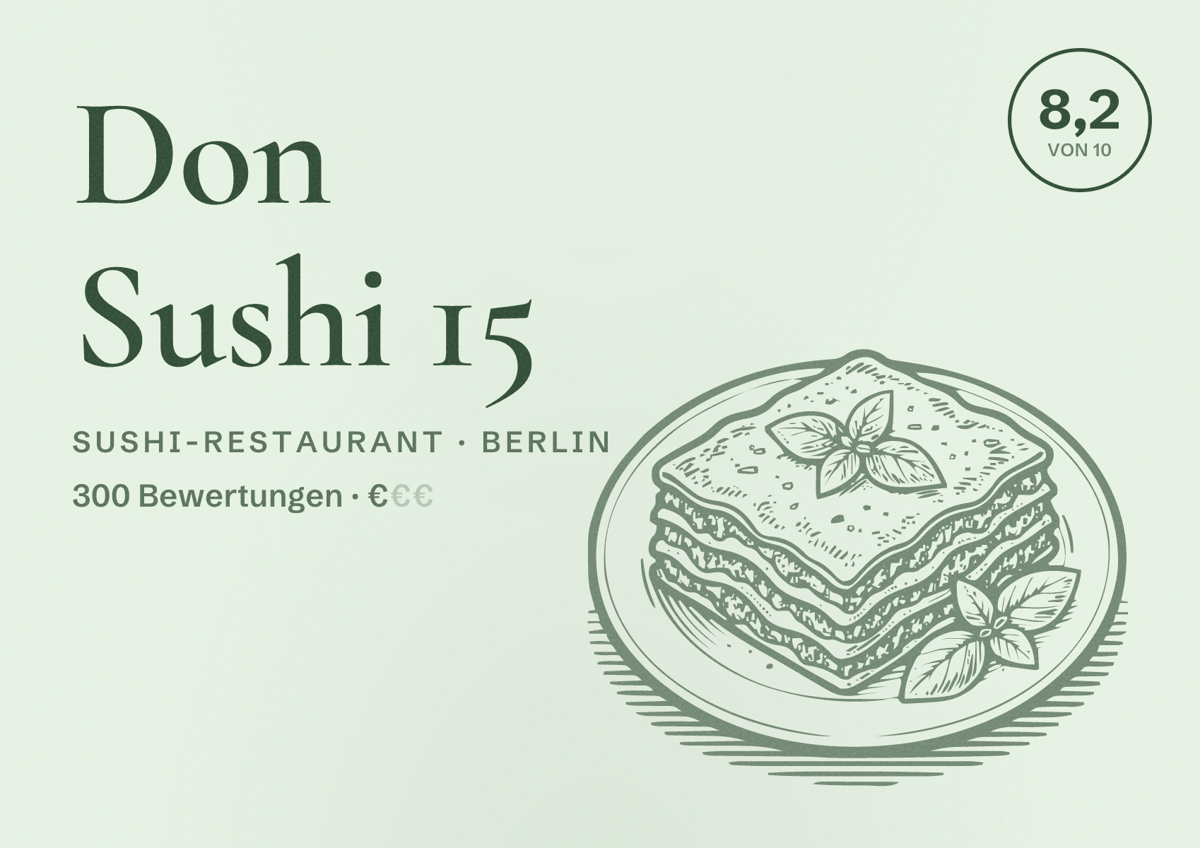 Illustriertes Poster von Don Sushi 15, Sushi-Restaurant in Berlin: Bewertung 8,2 von 10 aus 300 Bewertungen, Preisniveau €