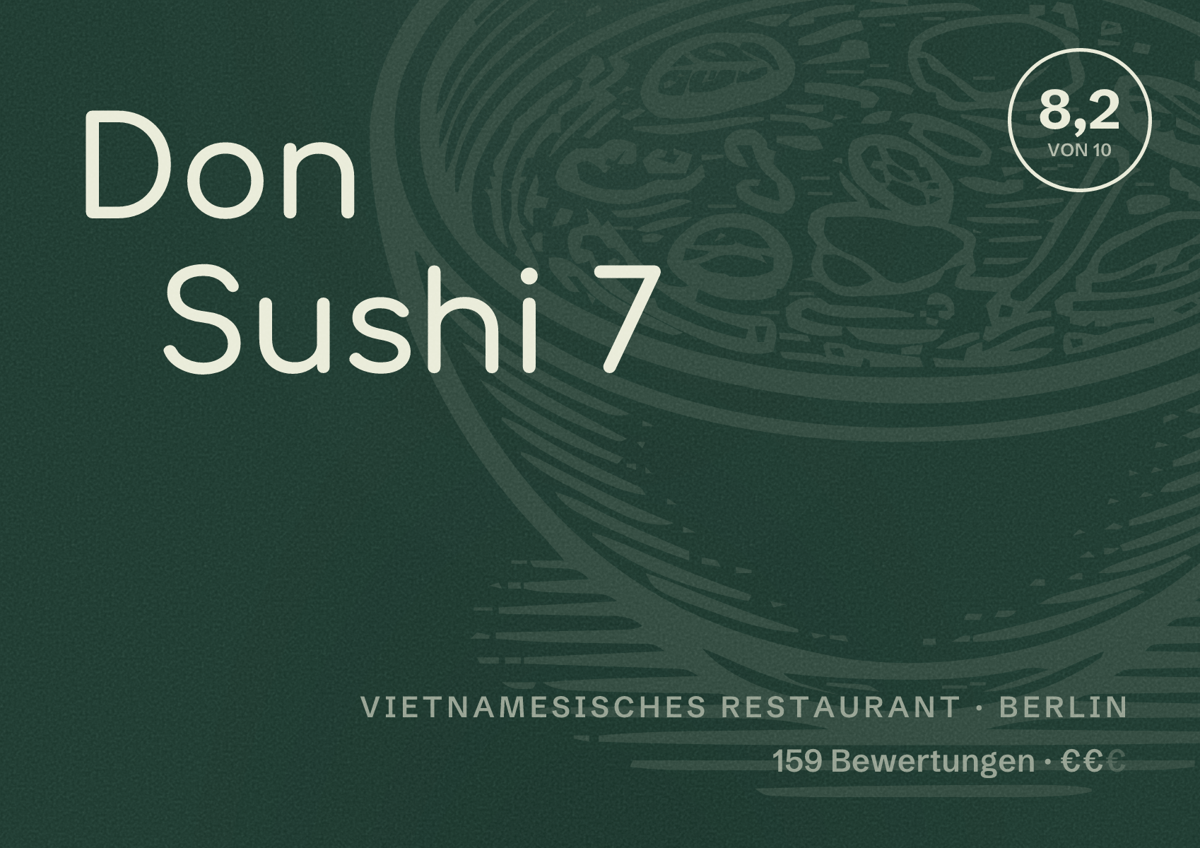 Illustriertes Poster von Don Sushi 7, Vietnamesisches Restaurant in Berlin: Bewertung 8,2 von 10 aus 159 Bewertungen, Preisniveau €€