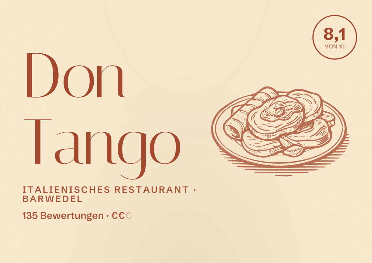 Illustriertes Poster von Don Tango, Italienisches Restaurant in Barwedel: Bewertung 8,1 von 10 aus 135 Bewertungen, Preisniveau €€
