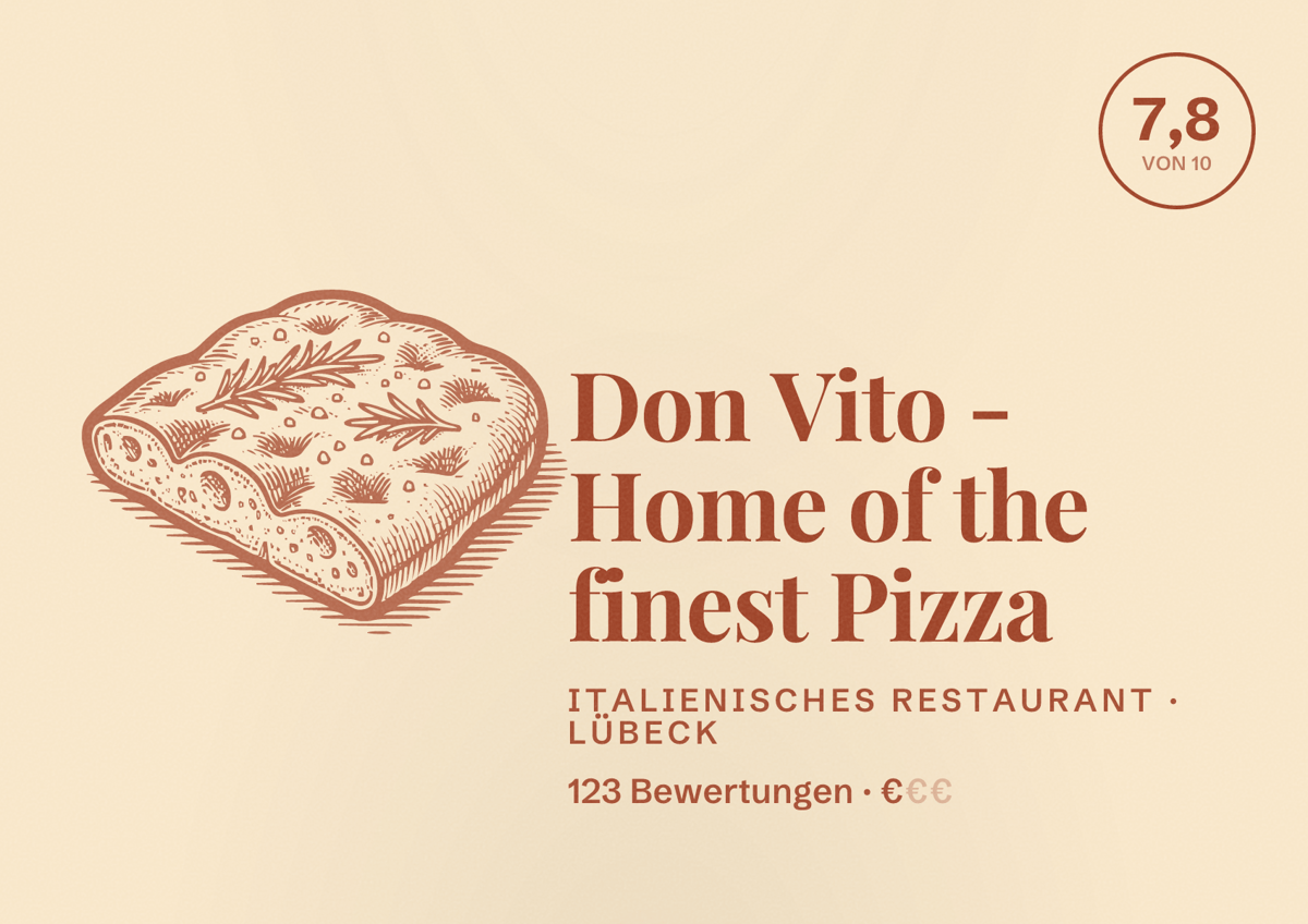 Illustriertes Poster von Don Vito - Home of the finest Pizza, Italienisches Restaurant in Lübeck: Bewertung 7,8 von 10 aus 123 Bewertungen, Preisniveau €