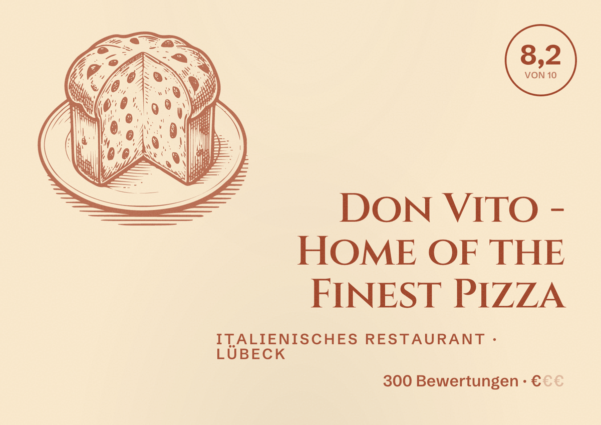 Illustriertes Poster von Don Vito - Home of the Finest Pizza, Italienisches Restaurant in Lübeck: Bewertung 8,2 von 10 aus 300 Bewertungen, Preisniveau €
