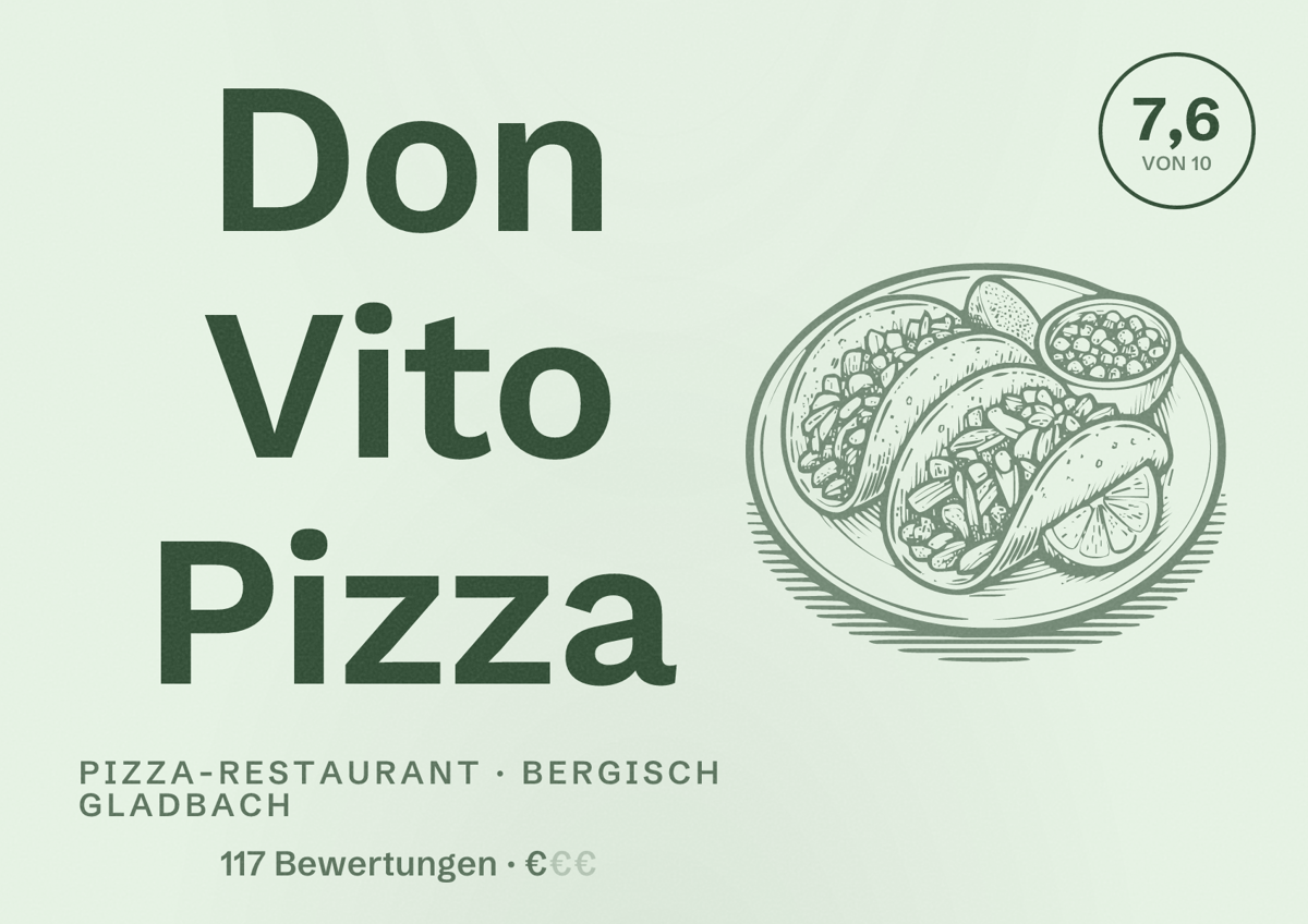 Illustriertes Poster von Don Vito Pizza, Pizza-Restaurant in Bergisch Gladbach: Bewertung 7,6 von 10 aus 117 Bewertungen, Preisniveau €