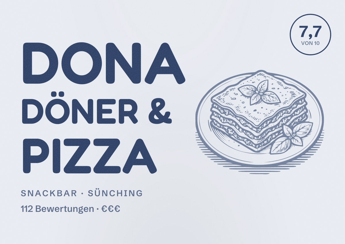 Illustriertes Poster von Dona Döner & Pizza, Snackbar in Sünching: Bewertung 7,7 von 10 aus 112 Bewertungen, Preisniveau €€€