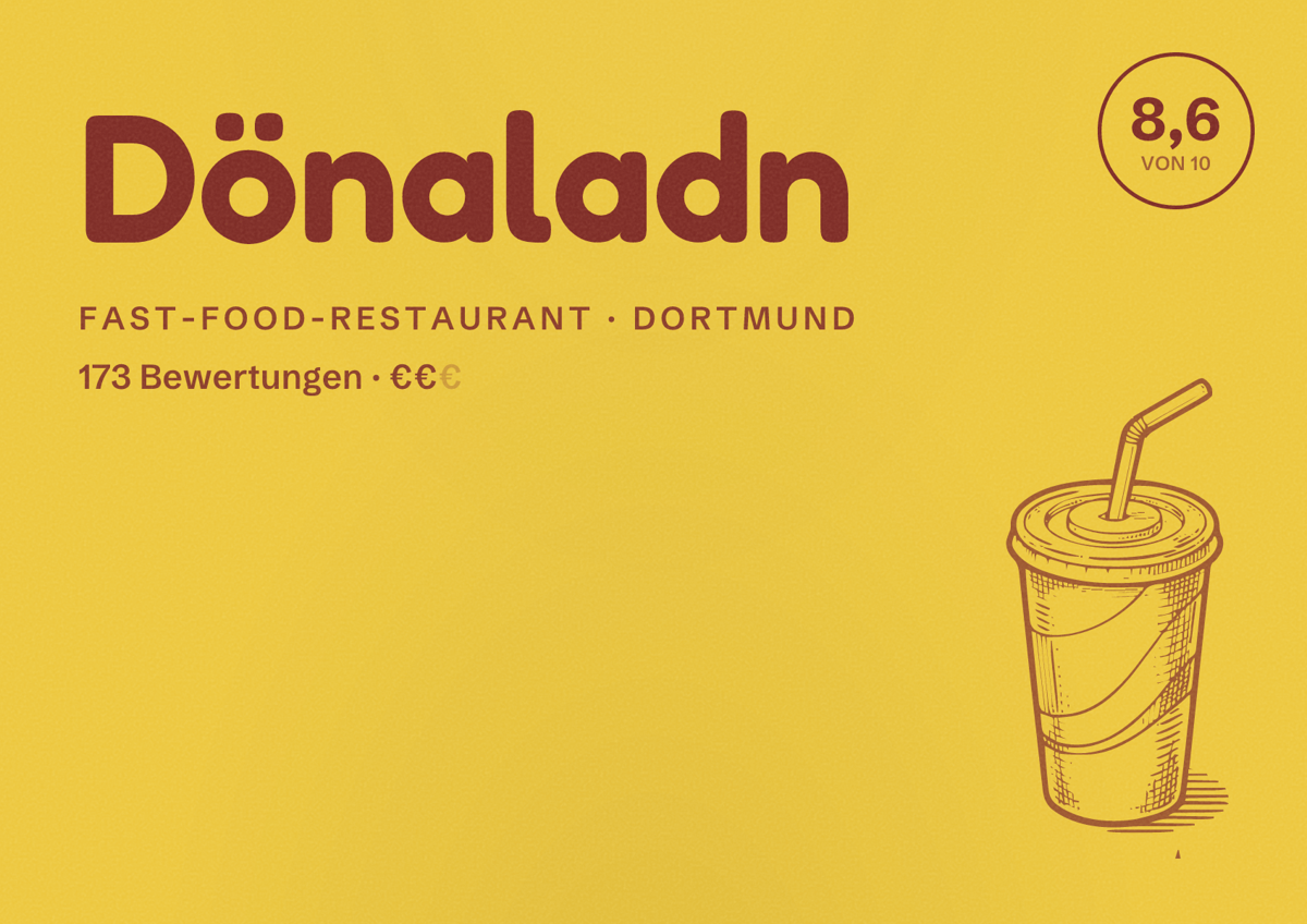 Illustriertes Poster von Dönaladn, Fast-Food-Restaurant in Dortmund: Bewertung 8,6 von 10 aus 173 Bewertungen, Preisniveau €€