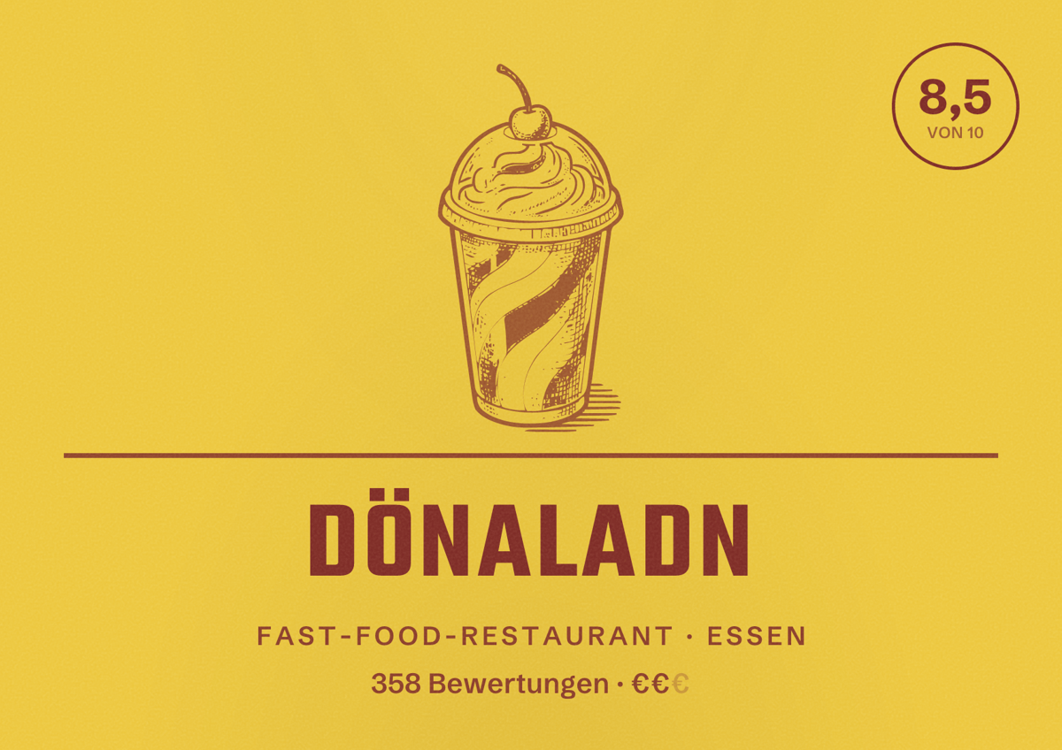 Illustriertes Poster von Dönaladn, Fast-Food-Restaurant in Essen: Bewertung 8,5 von 10 aus 358 Bewertungen, Preisniveau €€