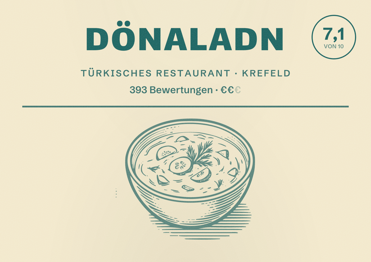 Illustriertes Poster von Dönaladn, Türkisches Restaurant in Krefeld: Bewertung 7,1 von 10 aus 393 Bewertungen, Preisniveau €€