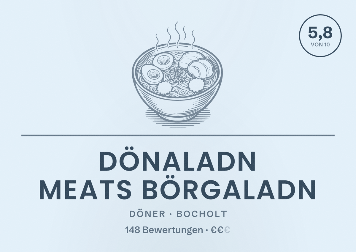 Illustriertes Poster von Dönaladn Meats Börgaladn, Döner in Bocholt: Bewertung 5,8 von 10 aus 148 Bewertungen, Preisniveau €€