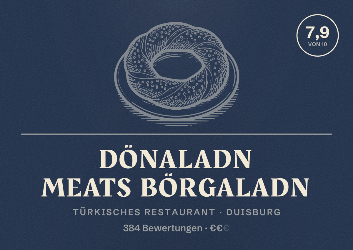 Illustriertes Poster von Dönaladn meats Börgaladn, Türkisches Restaurant in Duisburg: Bewertung 7,9 von 10 aus 384 Bewertungen, Preisniveau €€