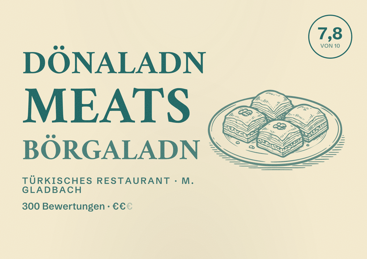 Illustriertes Poster von Dönaladn meats Börgaladn, Türkisches Restaurant in M. Gladbach: Bewertung 7,8 von 10 aus 300 Bewertungen, Preisniveau €€