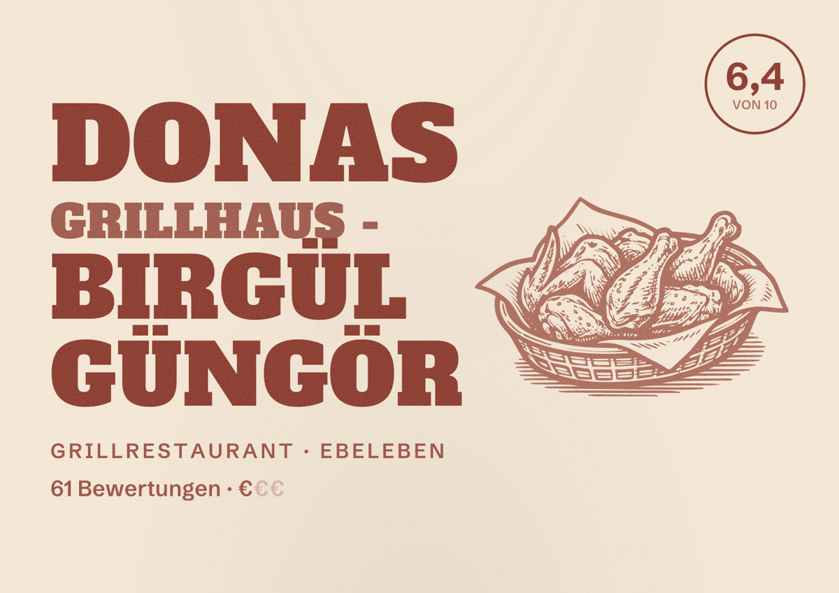 Illustriertes Poster von Donas Grillhaus - Birgül Güngör, Grillrestaurant in Ebeleben: Bewertung 6,4 von 10 aus 61 Bewertungen, Preisniveau €