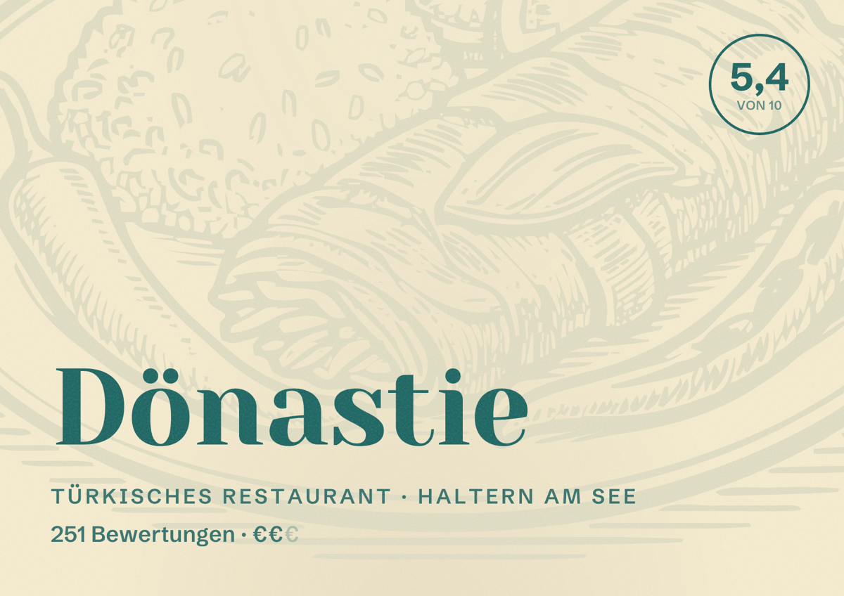 Illustriertes Poster von Dönastie, Türkisches Restaurant in Haltern am See: Bewertung 5,4 von 10 aus 251 Bewertungen, Preisniveau €€
