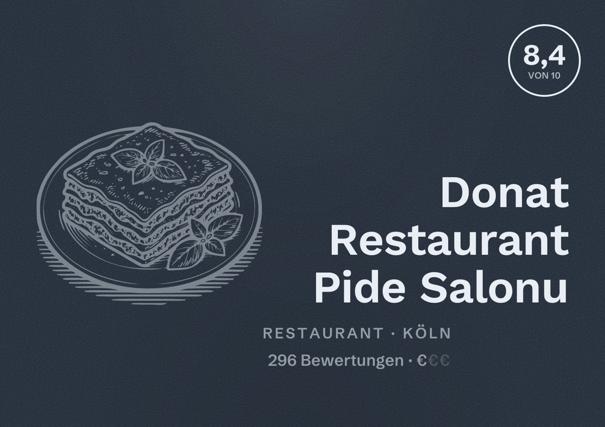 Illustriertes Poster von Donat Restaurant Pide Salonu, Restaurant in Köln: Bewertung 8,4 von 10 aus 296 Bewertungen, Preisniveau €