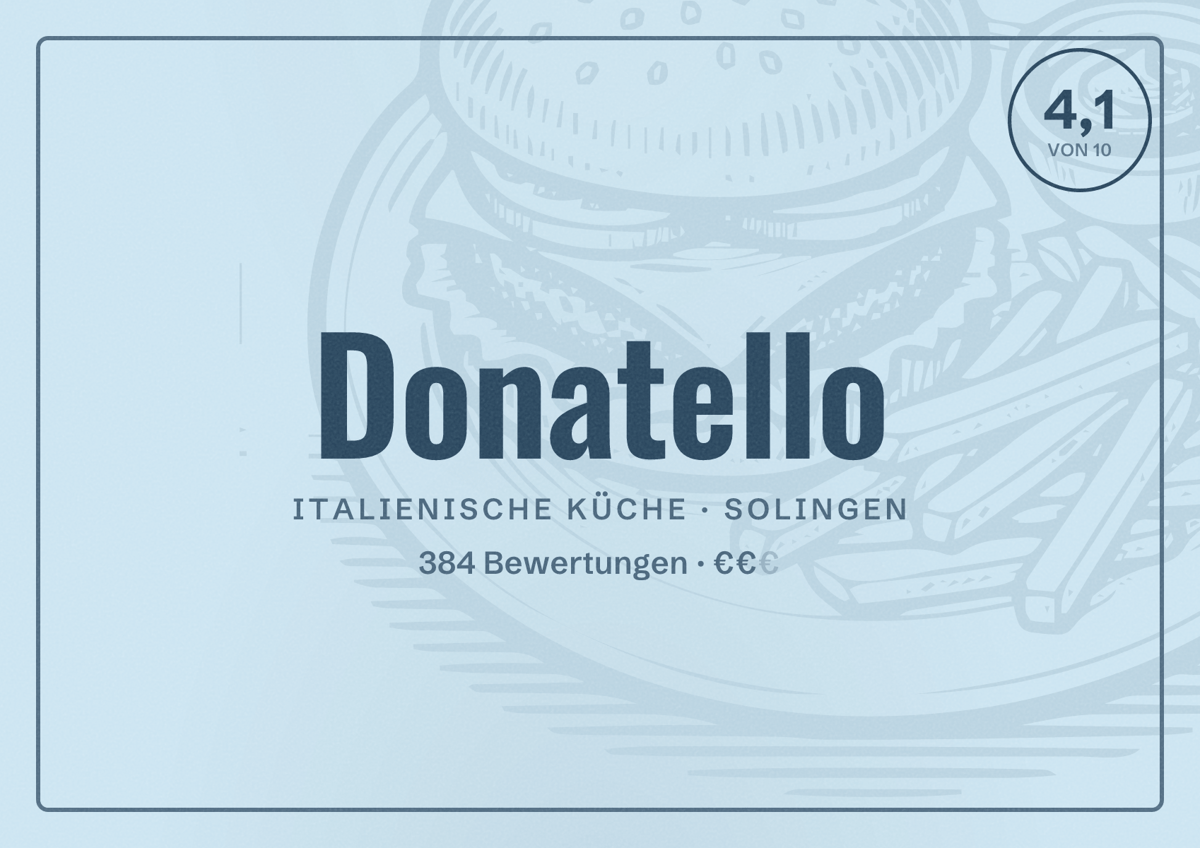 Illustriertes Poster von Donatello, Italienische Küche in Solingen: Bewertung 4,1 von 10 aus 384 Bewertungen, Preisniveau €€