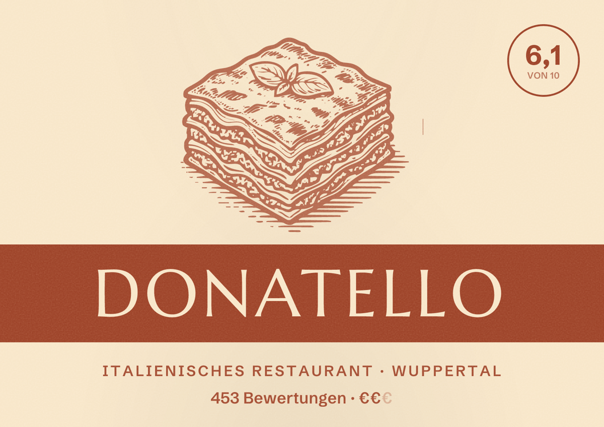 Illustriertes Poster von Donatello, Italienisches Restaurant in Wuppertal: Bewertung 6,1 von 10 aus 453 Bewertungen, Preisniveau €€