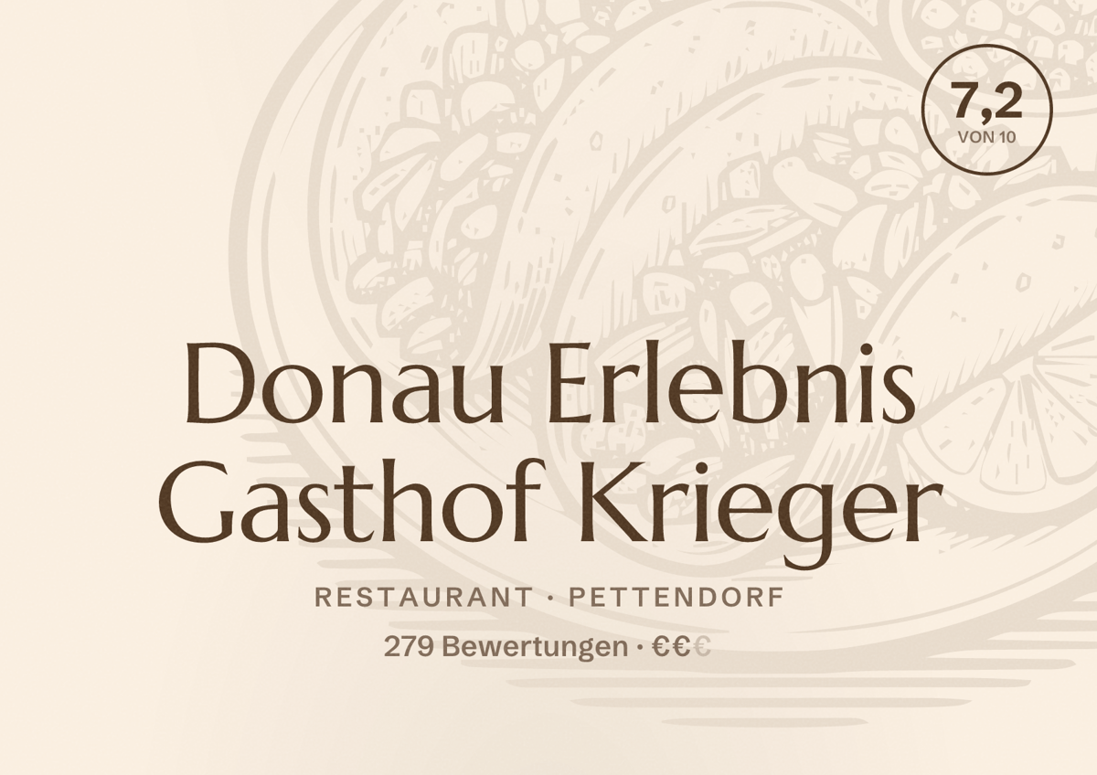 Illustriertes Poster von Donau Erlebnis Gasthof Krieger, Restaurant in Pettendorf: Bewertung 7,2 von 10 aus 279 Bewertungen, Preisniveau €€