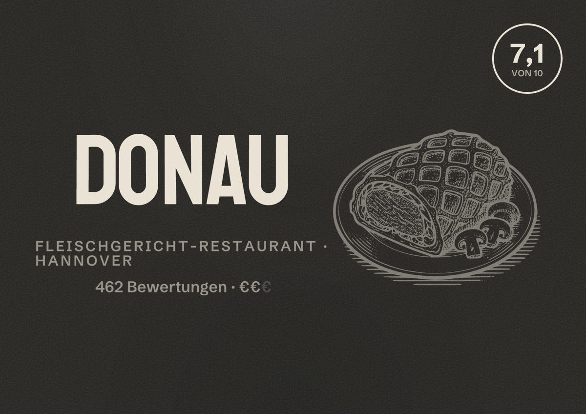 Illustriertes Poster von Donau, Fleischgericht-Restaurant in Hannover: Bewertung 7,1 von 10 aus 462 Bewertungen, Preisniveau €€