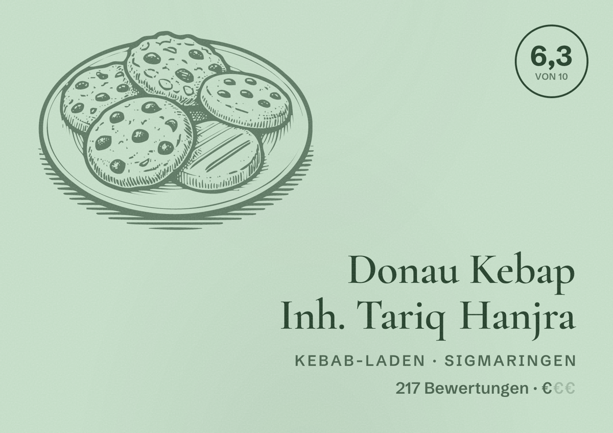 Illustriertes Poster von Donau Kebap Inh. Tariq Hanjra, Kebab-Laden in Sigmaringen: Bewertung 6,3 von 10 aus 217 Bewertungen, Preisniveau €