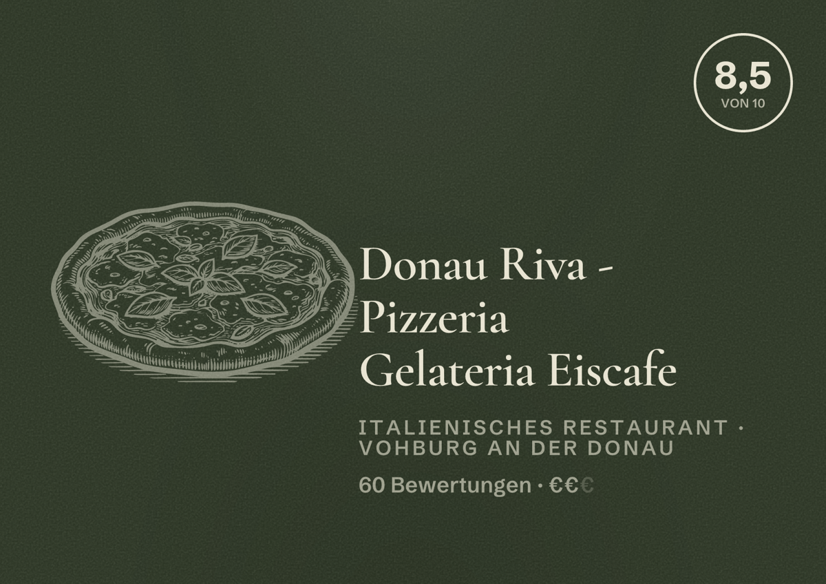 Illustriertes Poster von Donau Riva - Pizzeria Gelateria Eiscafe, Italienisches Restaurant in Vohburg an der Donau: Bewertung 8,5 von 10 aus 60 Bewertungen, Preisniveau €€