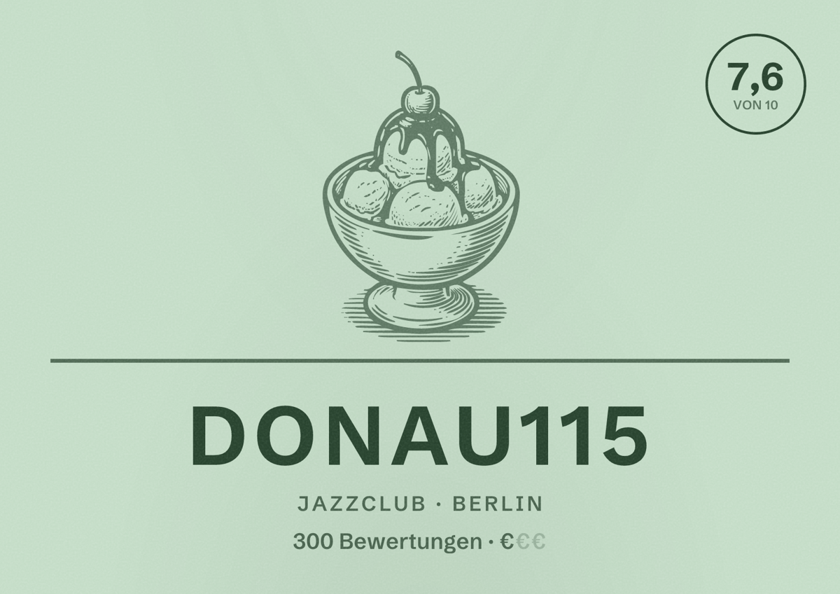 Illustriertes Poster von Donau115, Jazzclub in Berlin: Bewertung 7,6 von 10 aus 300 Bewertungen, Preisniveau €
