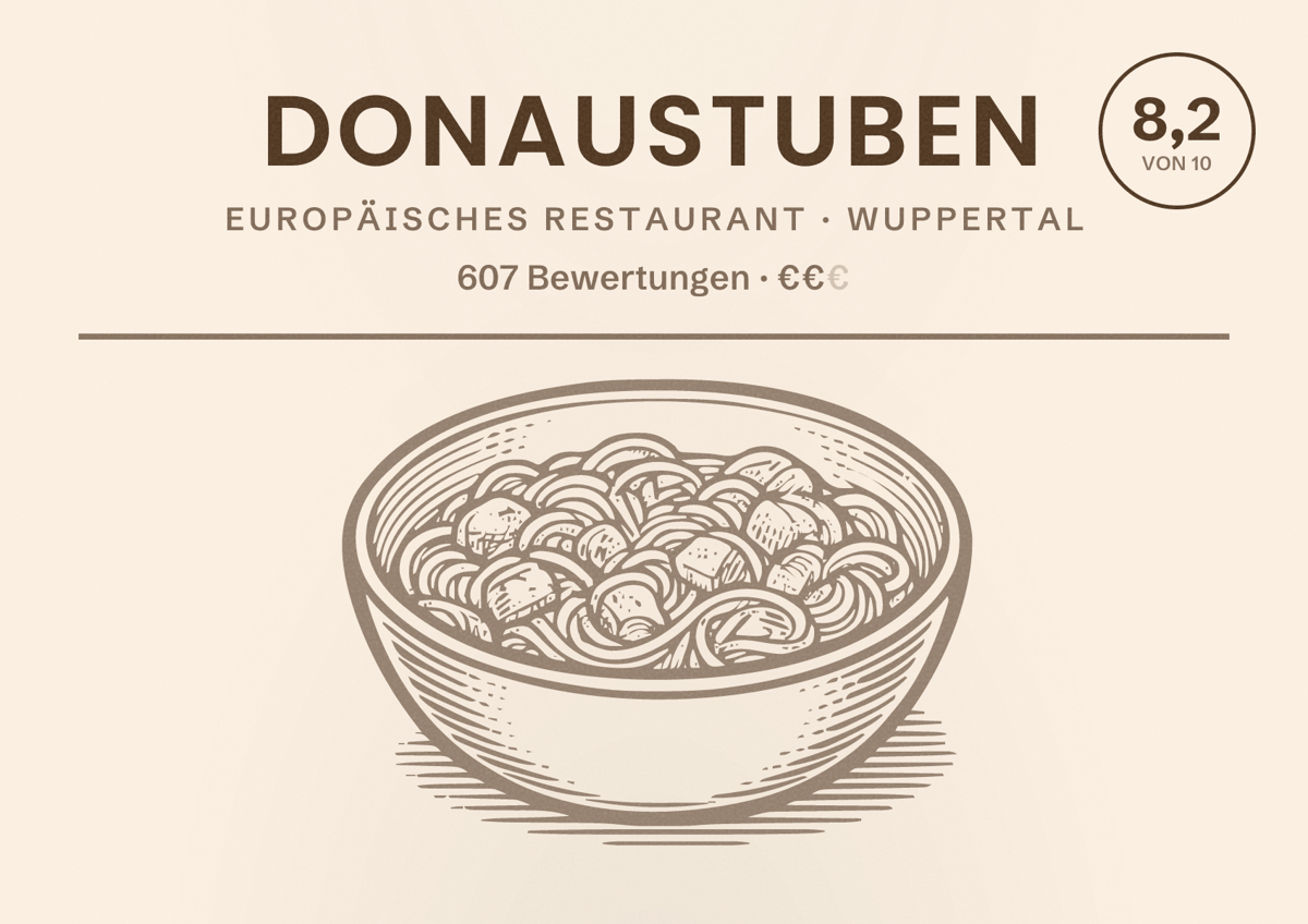 Illustriertes Poster von Donaustuben, Europäisches Restaurant in Wuppertal: Bewertung 8,2 von 10 aus 607 Bewertungen, Preisniveau €€