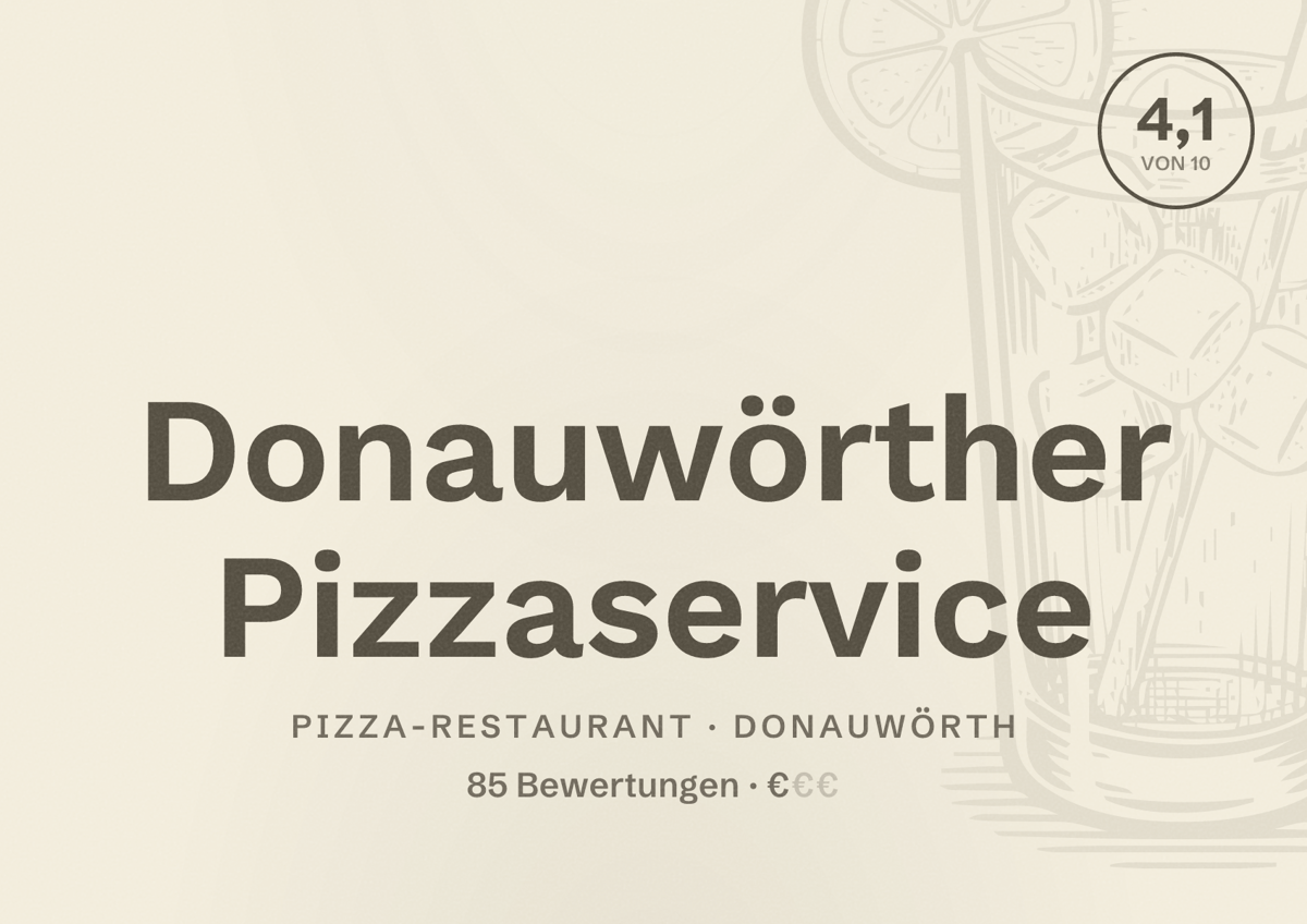 Illustriertes Poster von Donauwörther Pizzaservice, Pizza-Restaurant in Donauwörth: Bewertung 4,1 von 10 aus 85 Bewertungen, Preisniveau €