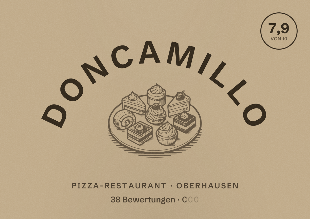 Illustriertes Poster von DonCamillo, Pizza-Restaurant in Oberhausen: Bewertung 7,9 von 10 aus 38 Bewertungen, Preisniveau €