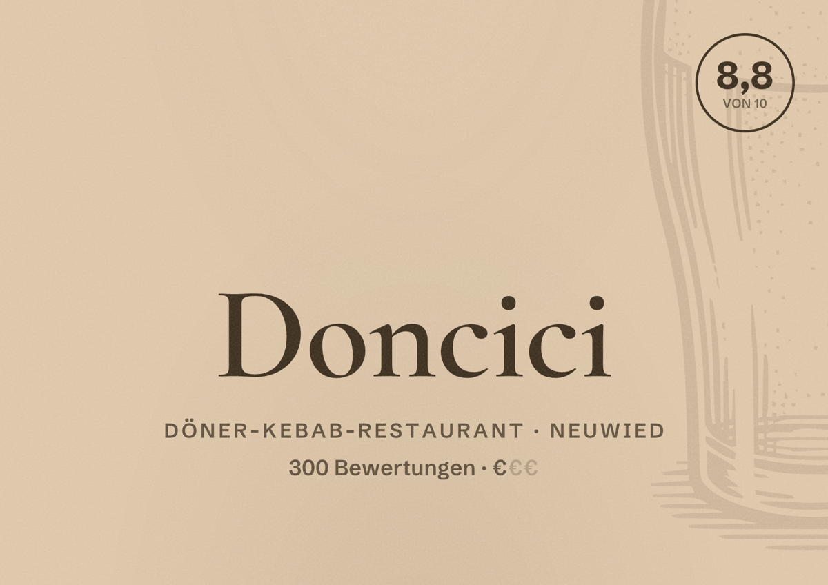 Illustriertes Poster von Doncici, Döner-Kebab-Restaurant in Neuwied: Bewertung 8,8 von 10 aus 300 Bewertungen, Preisniveau €