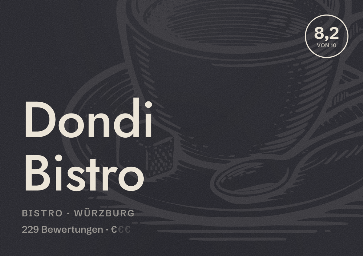 Illustriertes Poster von Dondi Bistro, Bistro in Würzburg: Bewertung 8,2 von 10 aus 229 Bewertungen, Preisniveau €
