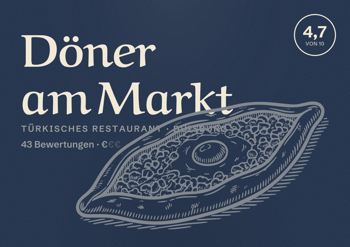 Illustriertes Poster von Döner am Markt, Türkisches Restaurant in Duisburg: Bewertung 4,7 von 10 aus 43 Bewertungen, Preisniveau €