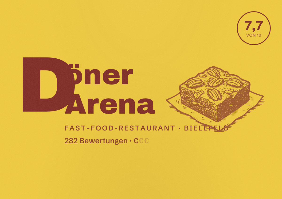 Illustriertes Poster von Döner Arena, Fast-Food-Restaurant in Bielefeld: Bewertung 7,7 von 10 aus 282 Bewertungen, Preisniveau €