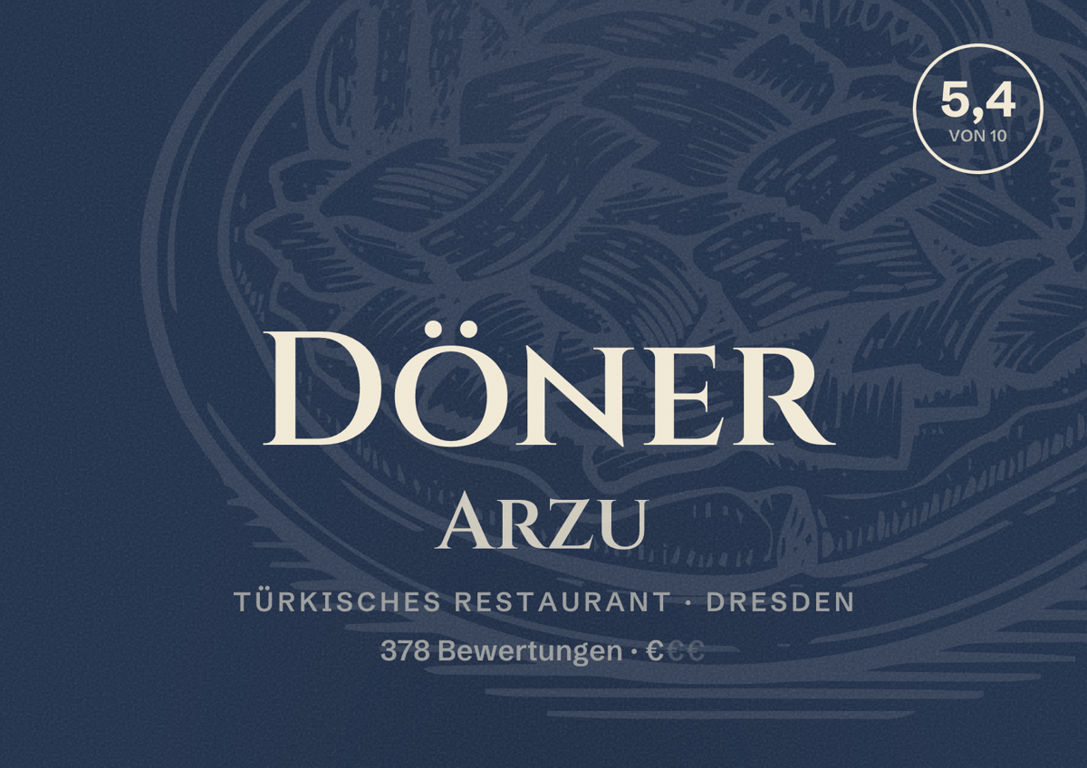 Illustriertes Poster von Döner Arzu, Türkisches Restaurant in Dresden: Bewertung 5,4 von 10 aus 378 Bewertungen, Preisniveau €
