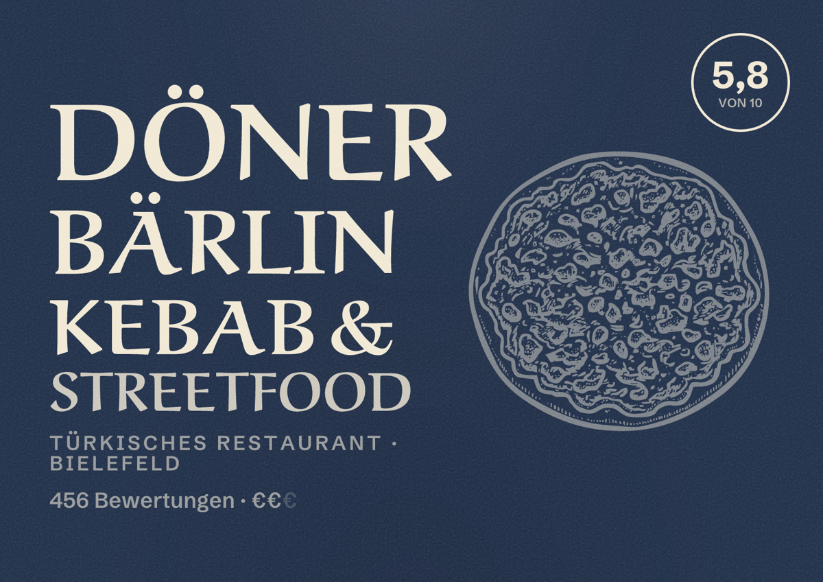 Illustriertes Poster von Döner Bärlin Kebab & Streetfood, Türkisches Restaurant in Bielefeld: Bewertung 5,8 von 10 aus 456 Bewertungen, Preisniveau €€