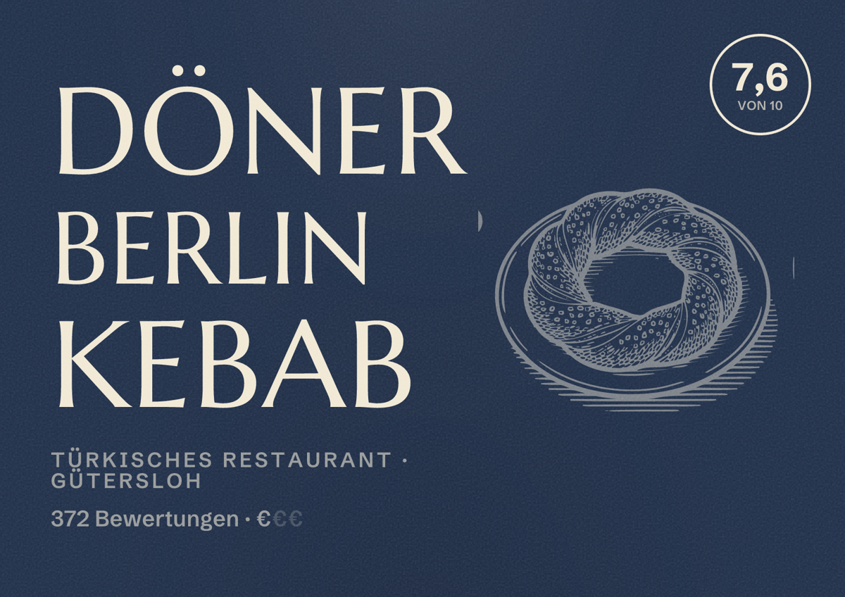Illustriertes Poster von Döner Berlin Kebab, Türkisches Restaurant in Gütersloh: Bewertung 7,6 von 10 aus 372 Bewertungen, Preisniveau €
