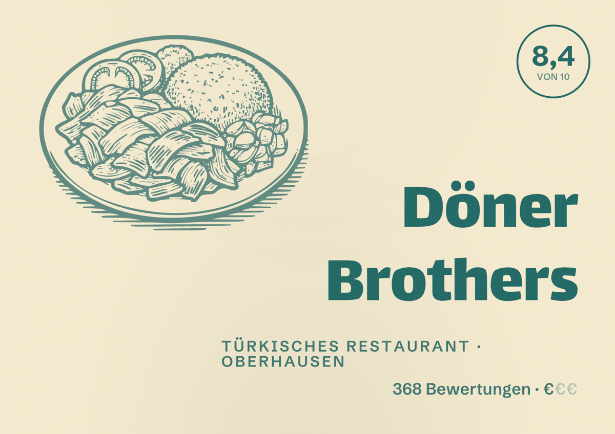 Illustriertes Poster von Döner Brothers, Türkisches Restaurant in Oberhausen: Bewertung 8,4 von 10 aus 368 Bewertungen, Preisniveau €
